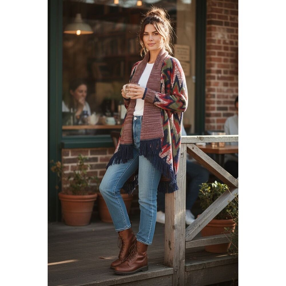Cato Women's Multicolor Tribal Open Cardigan Fringe Hem Sweater Size XL
